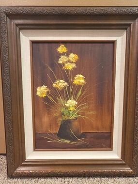 Vintage Floral Oil Painting in Wooden Frame 20x25" Yellow Floral Original Signed